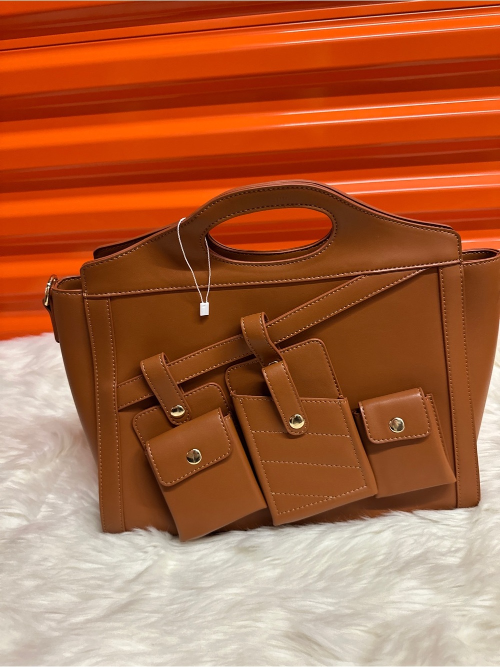 Stylish Tan Women’s Tote Bag with Front Pouches